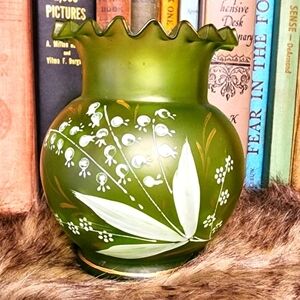 Victorian Bohemian Glass Vase Green Ruffled Edge Lily Of The Valley Handpainted